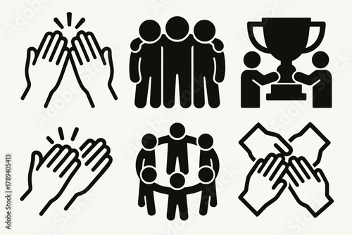 Brutalist Team Icons. Team Respect silhouette icon set: high-five, group huddle, shared trophy, applause hands, teamwork circle, unity gesture.