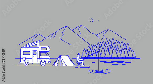 Line art illustration of a person fishing by a lake with a camper van and tent, surrounded by mountains and a forest.