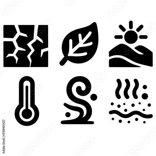 Brutalist Weather Icons. Low Humidity silhouette icon set: cracked ground, dry leaf, desert sun, thermometer, dust swirl, parched air.