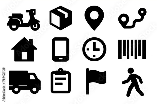 Bold Delivery Icons. Last Mile silhouette icon set: delivery scooter, package, map pin, route line, house, smartphone, clock, barcode, truck, clipboard, flag, pedestrian.