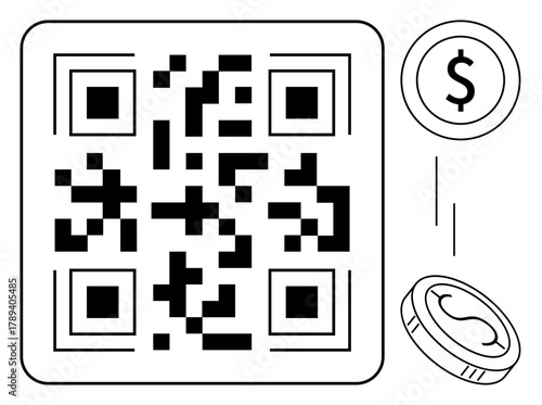 QR code alongside coin designs symbolizing digital transactions, payment systems, and currency transfer. Ideal for fintech, e-commerce, mobile apps, security, business, cashless technology concepts