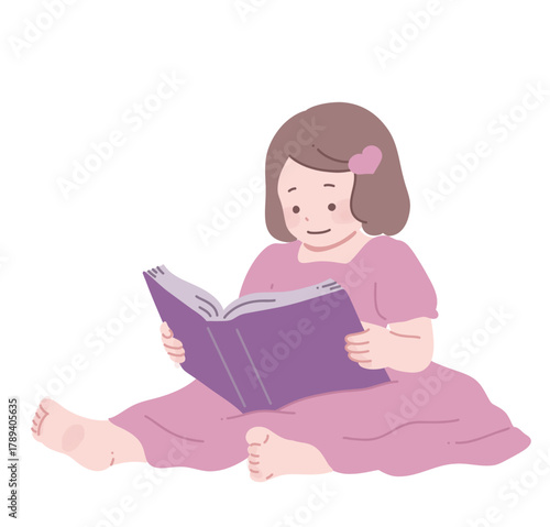 フラットイラスト　大きな本を読む幼い女の子