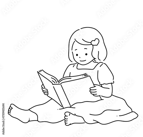手書き風　線画　分厚い本を読んでいる幼い女の子　reading a book 