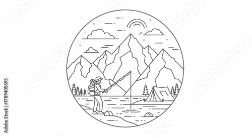 Detailed line art illustration of a person fishing in a mountain lake with a tent and rainbow in the background, depicting outdoor adventure and camping.