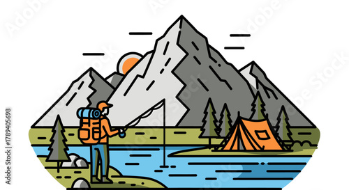 Illustration of a person fishing in a lake with mountains, trees, and a tent in the background, depicting an outdoor adventure scene.
