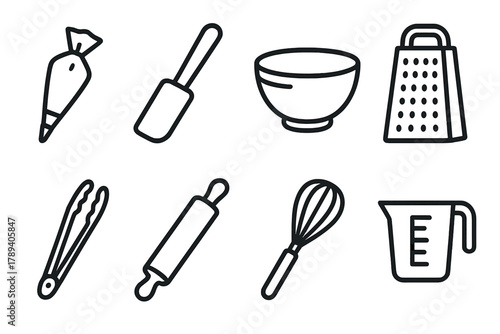 Culinary Tool Icons. Creative Culinary Tools linear icon set: piping bag, spatula, mixing bowl, grater, tongs, rolling pin, whisk, measuring cup.