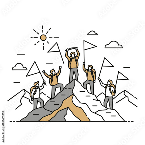A group of five hikers celebrating their achievement on a mountain peak, holding flags under a sunny sky.
