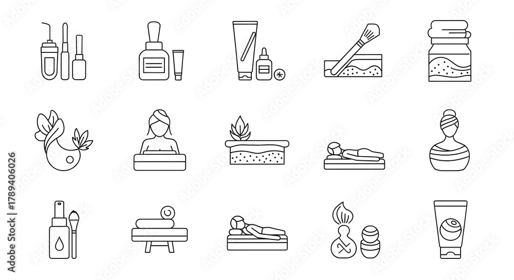 Fototapeta premium Skincare and Beauty Icons: a collection of elegant line icons showcasing the essence of beauty, self-care, and wellness.
