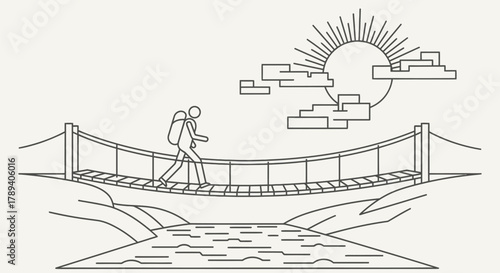 Line art illustration of a hiker crossing a suspension bridge over a river with sun and clouds.