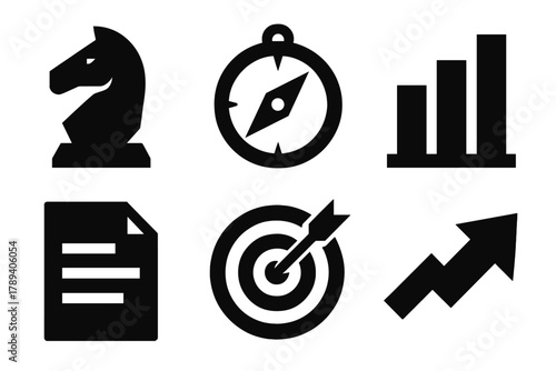 Bold Visionary Icons. Strategic visionary thinking silhouette icon set: chess knight, compass, bar graph, document, target board, growth arrow.