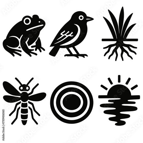 Wetland Icon Set. Wetland Ecosystem silhouette icon set: frog, bird, plant roots, insect, water ripple, sunlight reflection.