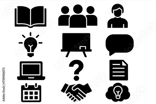 Educational Collaboration Icons. Educational Collaboration silhouette icon set: open book, students group, teacher icon, light bulb, chalkboard, chat bubble, laptop, question mark,