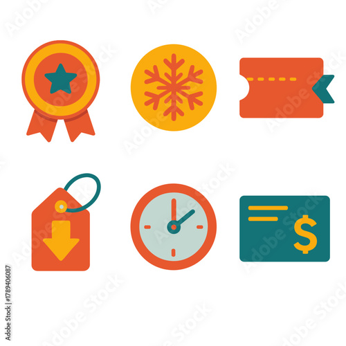 Festive Shopping Icons. Festive Shopping Deals flat icons: holiday offer badge, snowflake sale icon, coupon ribbon, markdown tag, limited-time clock, savings card.