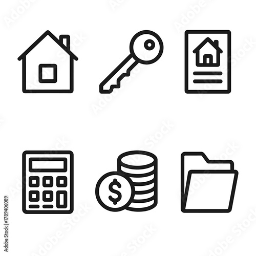 Home Loan Icons. Home loans linear icon set: house, key, contract, calculator, coin stack, document folder.