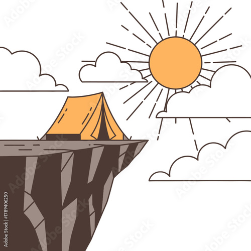 Line art illustration depicting a solitary yellow tent on a rugged cliff edge with a radiant sun and clouds.