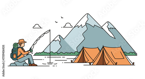 A person fishing by a lake with tents and mountains in the background, depicting outdoor leisure.