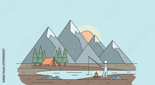 Minimalist illustration of a person fishing by a lake with a tent and campfire in front of majestic mountains at sunset.