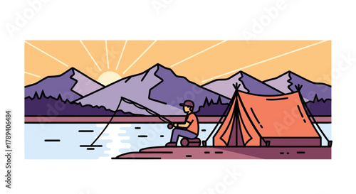 A man fishing by a serene lake with a tent nearby, set against a backdrop of majestic mountains and a vibrant sunset.