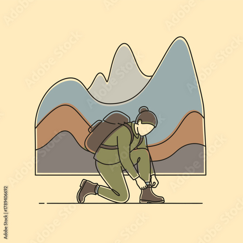 Illustration of a person with a backpack kneeling to tie hiking boots in front of stylized mountains, preparing for an outdoor adventure.