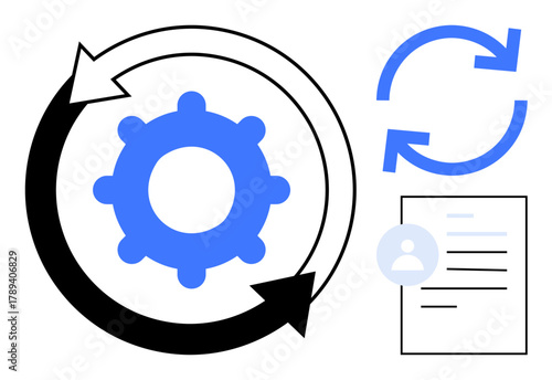 Gear encircled by arrows showing process cycle, document with user profile and sync arrows. Ideal for workflow, automation, data sync, process management, efficiency, innovation, simple flat metaphor