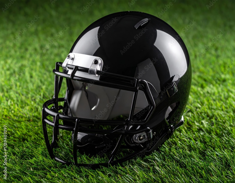 Naklejka premium American football helmet on green grass field, a piece of protective sport equipment for the game