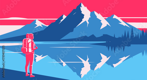 A stylized illustration of a hiker admiring a serene mountain lake with reflections under a vibrant sky.