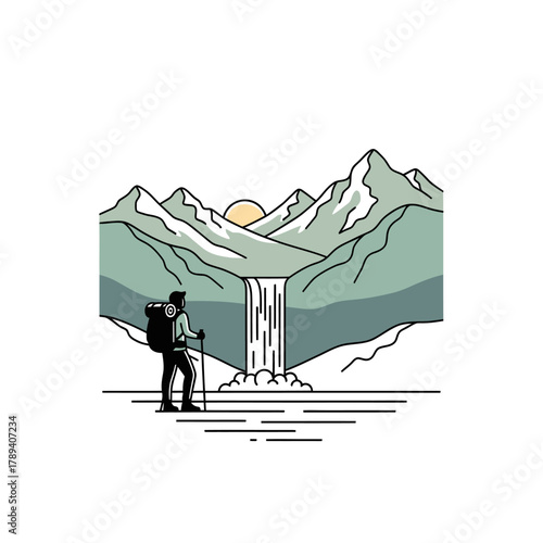 Minimalist line art illustration of a hiker with a backpack and trekking pole admiring a mountain landscape with a waterfall and sun.
