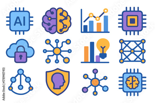 Cognitive Computing Icons. Professional Cognitive Computing flat icons: enterprise AI icon, structured brain network, intelligent analytics chart, corporate processor, secure data
