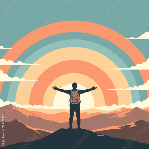 A person with a backpack stands on a mountain peak, arms outstretched, facing a vibrant rainbow and a warm sunset or sunrise over a mountainous landscape.