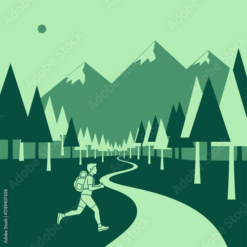 A person running on a winding path through a green forest with mountains in the background under a sun.