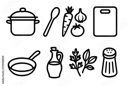 Home Cooking Icons. Home Cooking linear icon set: pot with lid, wooden spoon, vegetables, chopping board, skillet, oil bottle, herbs, salt shaker.