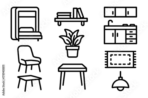 Compact Living Icons. Small Apartment Design linear icon set: foldable bed, wall shelf, compact kitchen, chair, plant, rug, table, light.