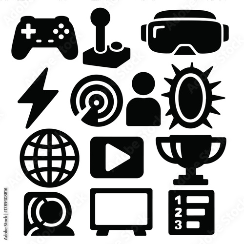 VR Gaming Icon Set. Gaming VR Worlds silhouette icon set: game controller, joystick, VR headset, portal, energy bolt, radar lines, character icon, trophy, virtual world, play