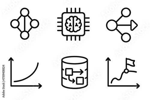 AI Neural Network Icons. Deep Reinforcement Learning linear icon set: neural network, AI chip, action prediction icon, gradient chart, replay buffer, optimization path.
