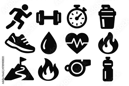 Brutalist Fitness Icons. Athletic Performance silhouette icon set: runner, dumbbell, stopwatch, barbell, shoe, sweat drop, heart monitor, protein shake, mountain path, flame,