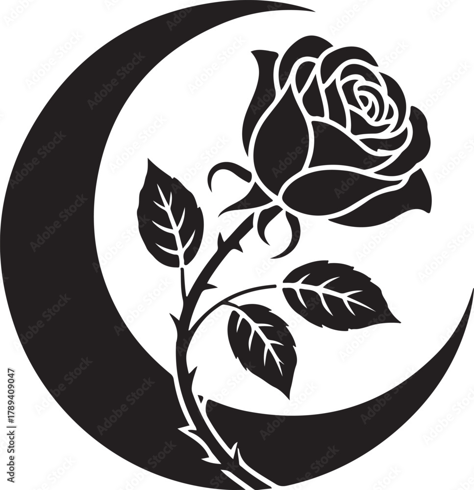 Fototapeta premium Black silhouette of a rose and leaves within a crescent moon
