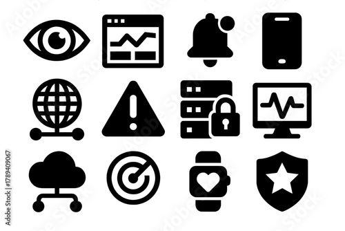 Digital Monitoring Icons. Digital Monitoring silhouette icon set: eye lens, data dashboard, alert notification, mobile device, network globe, warning icon, secure server, system