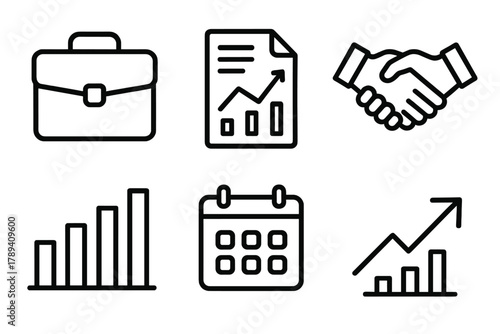 Business Icon Set. Business proposal linear icon set: briefcase, document chart, handshake, bar graph, calendar, upward arrow.