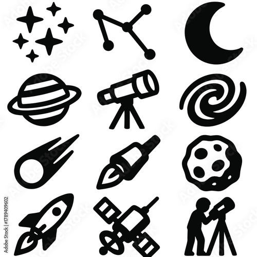 Cosmic Brutalist Icons. Constellations silhouette icon set: star cluster, connecting lines, telescope, moon, planet, comet, galaxy, asteroid, rocket, satellite, light streak,