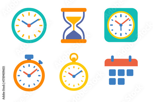 Vibrant Clock Icons. Clock Icons flat icons: Analog Clock, Hourglass, Wall Clock, Stopwatch, Pocket Watch, Calendar.