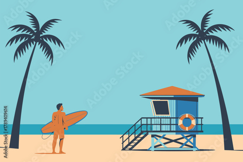 Tropical Beach Illustration. Lifeguard Tower, Palm Trees, and Surfer in Summer Coastal Scene