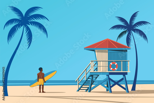 Lifeguard Tower Beach Vector. Tropical Summer Landscape with Palms, Surfer, and Ocean Coast