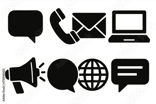 Brutalist Communication Icons. Communication Essentials silhouette icon set: chat bubble, phone, envelope, laptop, megaphone, speech bubble, globe, message icon.