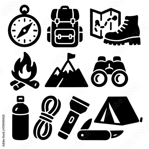 Brutalist Adventure Icons. Adventure Journey silhouette icon set: compass, backpack, map, hiking boots, campfire, mountain peak, binoculars, tent, water bottle, rope, flashlight,