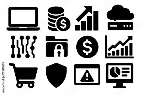 Digital Revenue Icons. Digital Revenue silhouette icon set: laptop screen, coin stack, bar graph, cloud server, data stream, secure folder, payment symbol, performance chart,