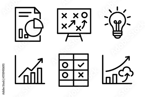 Data-Driven Insights Icons. Decision Support linear icon set: analytics report, strategy board, insight bulb, forecast chart, data-driven decision, comparison table.