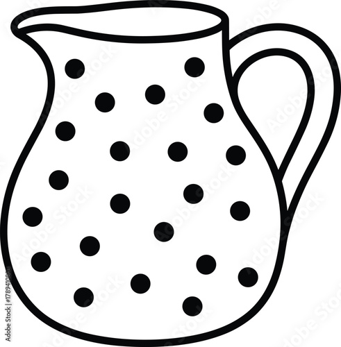 Black and white illustration of a polka dot pitcher with a handle container vessel