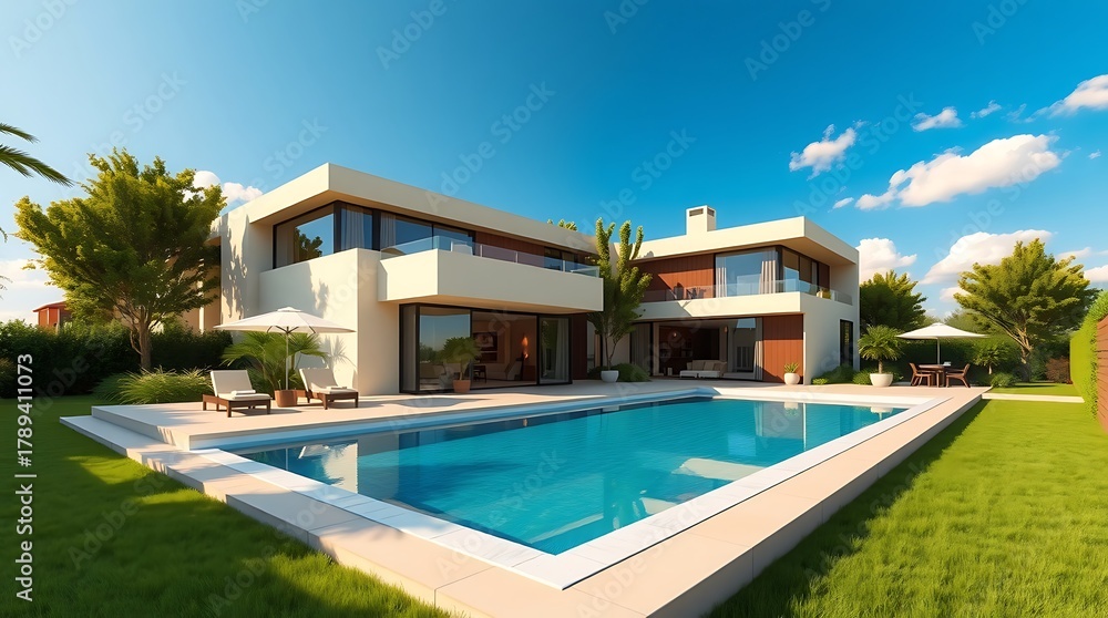 Fototapeta premium Luxury modern villa with private pool and manicured lawn under sunny blue sky, perfect for upscale living or vacation rental brochures and real estate marketing