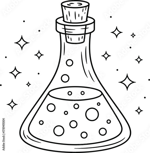 Black and white illustration of a potion bottle with bubbles and stars liquid magic