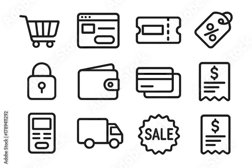 E-commerce Icons Collection. E-commerce Payment Gateways linear icon set: shopping cart, checkout page, promo code, discount tag, secure lock, wallet icon, credit card, invoice